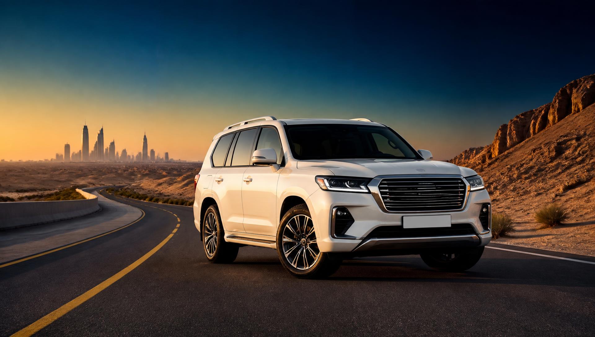 Luxury SUV on a Saudi desert highway at sunset